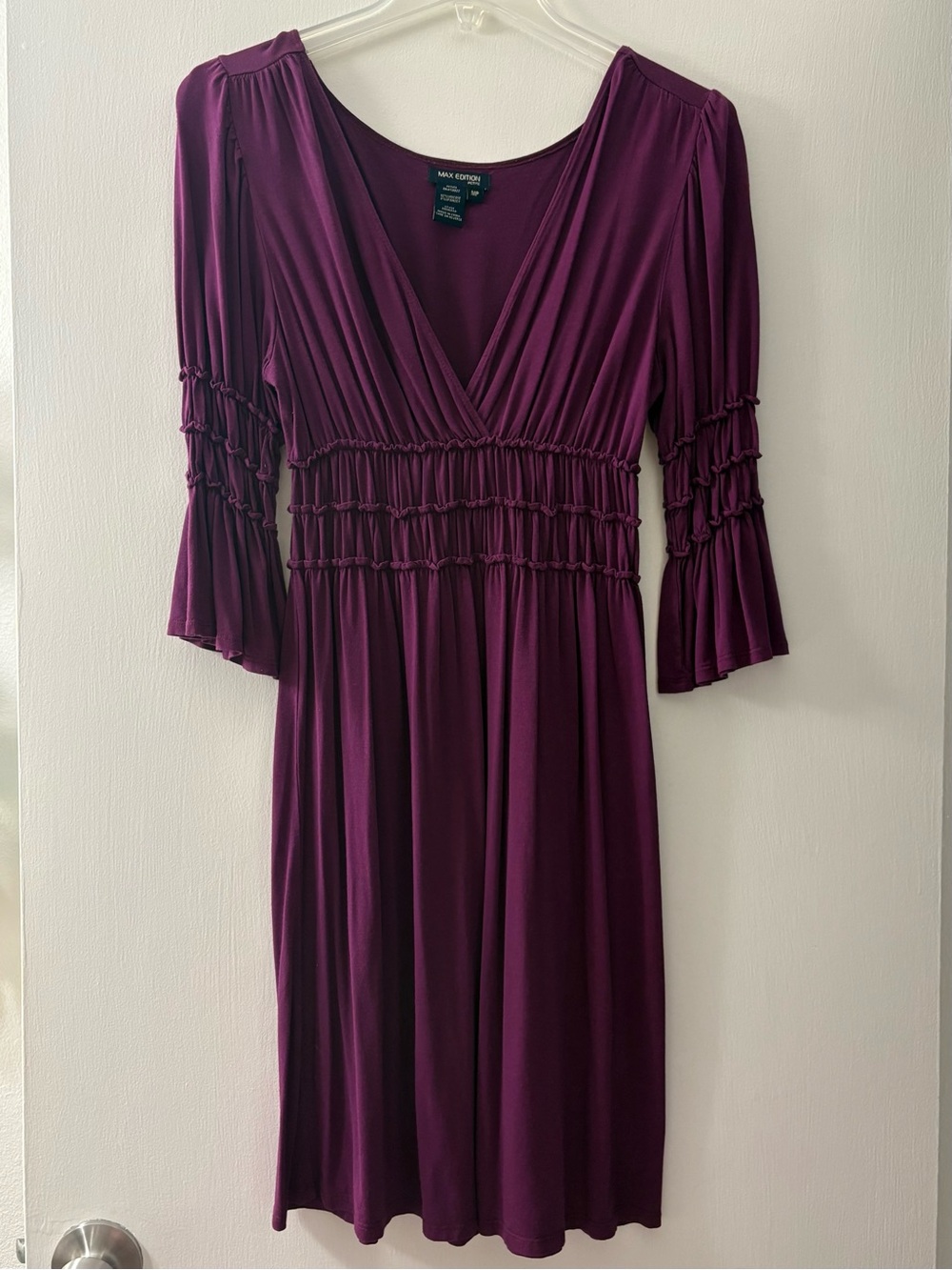 Max Edition Petite Purple Smocked Empire Waist V-Neck Bell Sleeve Dress Size MP